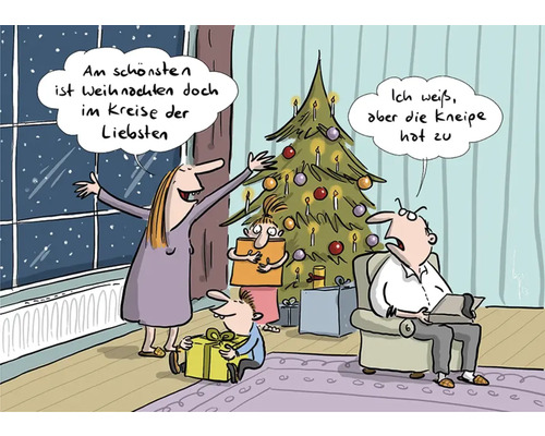Weihnachtspostkarte Weihnachten im Kreis der Liebsten 14,8x10,5 cm Cartoon einer Familie zu Weihnachten mit Weihnachtsbaum und Geschenken