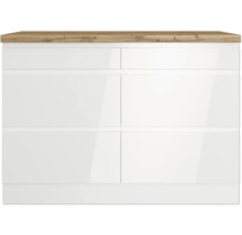 Unterschrank mit Holzplatte und weißen Fronten