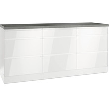 Weißer Waschbeckenunterschrank mit drei Schubladen und grauer Platte