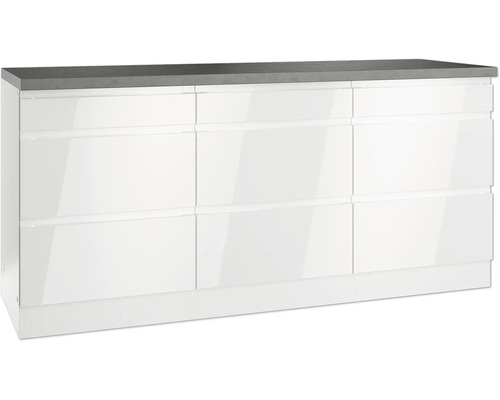 Weißer Waschbeckenunterschrank mit drei Schubladen und grauer Platte