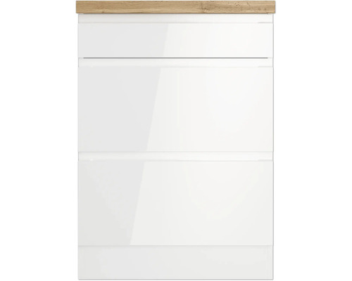 Weißer Waschtischunterschrank mit drei Schubladen und einer Holzplatte