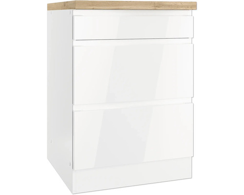 Unterschrank mit drei Schubladen und hölzerner Arbeitsplatte