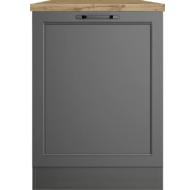 Küchenschrank mit grauer Front und Holzplatte