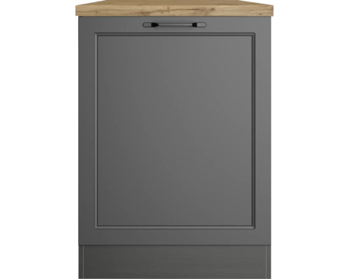 Küchenschrank mit grauer Front und Holzplatte