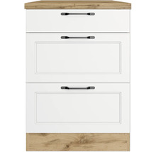 Küchenschrank mit drei Schubladen und schwarzen Griffen