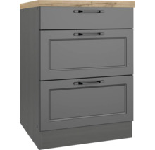 Grauer Küchenunterschrank mit drei Schubladen und hölzerner Arbeitsplatte