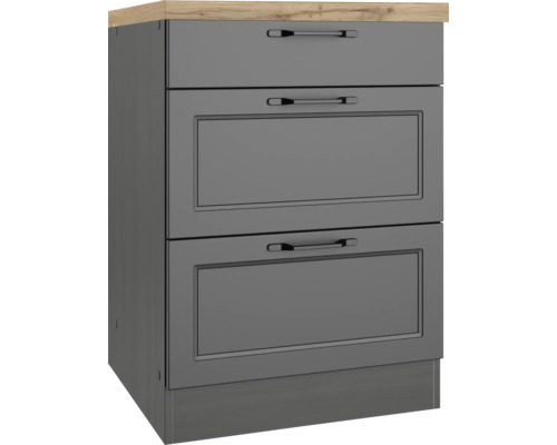 Grauer Küchenunterschrank mit drei Schubladen und hölzerner Arbeitsplatte