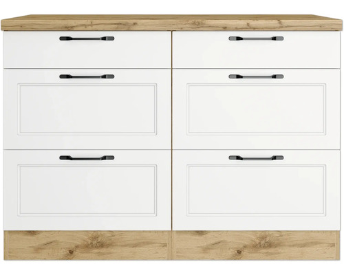 Küchenunterschrank mit Schubladen und Arbeitsplatte in Holzoptik