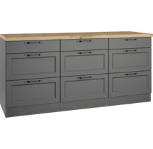 Grauer Unterschrank mit Holzplatte und sechs Schubladen