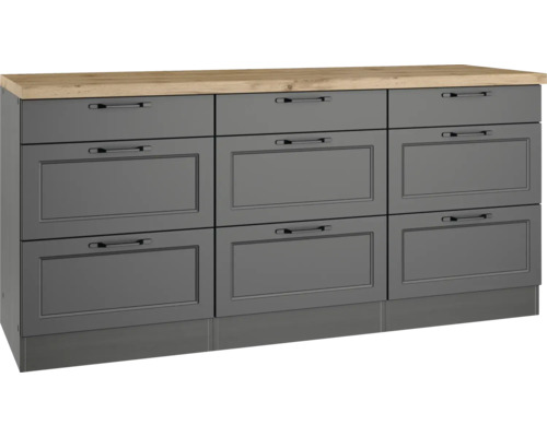 Grauer Unterschrank mit Holzplatte und sechs Schubladen