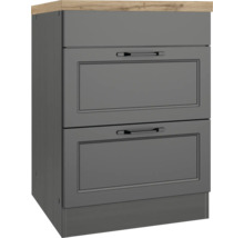 Unterschrank mit zwei Schubladen und einer Holzplatte.