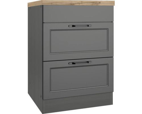 Unterschrank mit zwei Schubladen und einer Holzplatte.