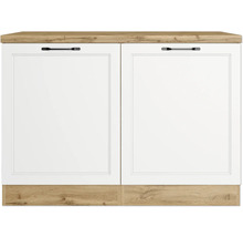 Unterschrank mit zwei weißen Türen und Holzoptik