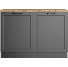 Unterschrank mit zwei grauen Türen und Arbeitsplatte in Holzoptik