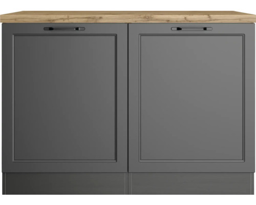 Unterschrank mit zwei grauen Türen und Arbeitsplatte in Holzoptik