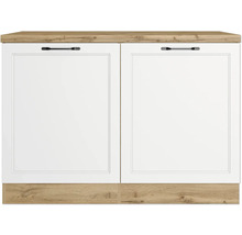 Küchenunterschrank mit zwei weißen Türen und Holzplatte