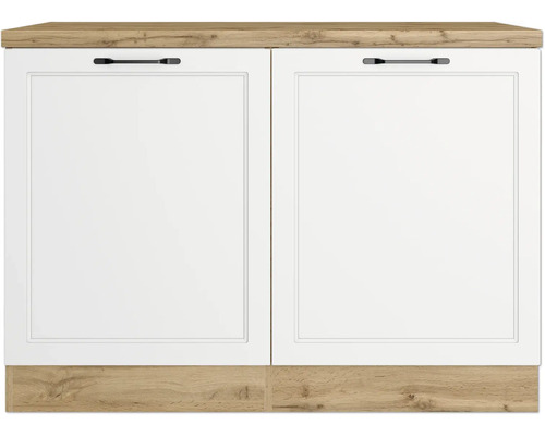 Küchenunterschrank mit zwei weißen Türen und Holzplatte
