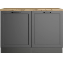 Unterschrank mit zwei grauen Türen und einer hellen Holzplatte