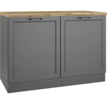 Unterschrank mit zwei grauen Türen und einer hellen Holzplatte