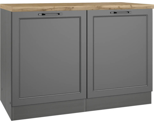 Spülenschrank Held Möbel Lübeck 120x60x86 cm grau matt/graphit mit Drehtüre Unterschrank mit zwei grauen Türen und einer hellen Holzplatte