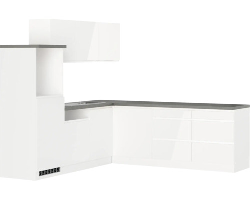 Winkelküche Held Möbel Kiel 300 cm weiß hochglanz/weiß Küchenzeile mit weißen Schränken und grauer Arbeitsplatte