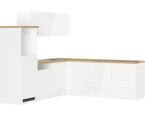 Winkelküche Held Möbel Kiel 300 cm weiß hochglanz/weiß Weiße Eckküche mit hellbrauner Arbeitsplatte