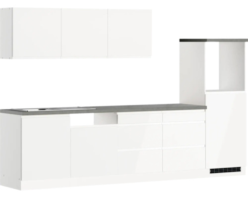 Küchenblock Held Möbel Kiel 300 cm weiß hochglanz/weiß Weiße Küchenzeile mit grauer Arbeitsplatte und Hängeschränken