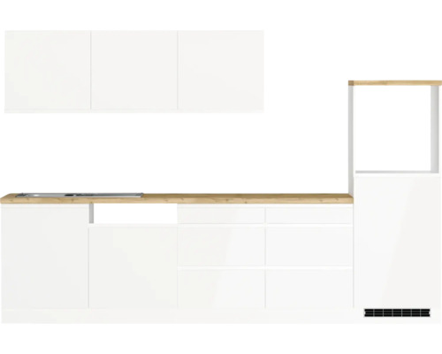 Küchenblock Held Möbel Kiel 300 cm weiß hochglanz/weiß Moderne Küche mit weißen Schränken und Arbeitsplatte in Holzoptik