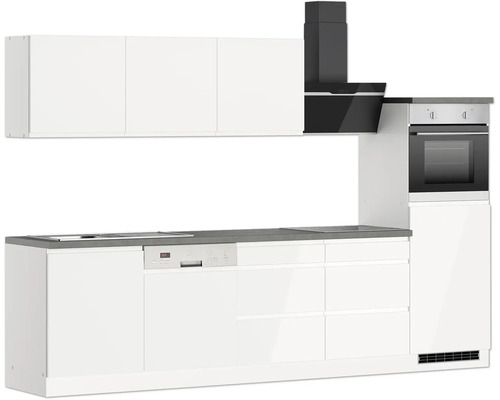 Moderne Einbauküche mit weißen Schränken, Dunstabzugshaube und Backofen