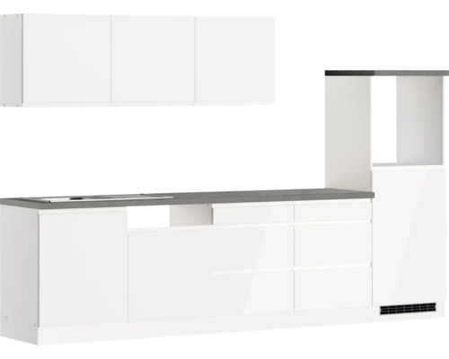 Küchenblock Held Möbel Kiel 300 cm weiß hochglanz/weiß Moderne weiße Küche mit Spüle, Schubladen und Schränken