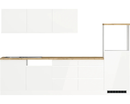 Küchenblock Held Möbel Kiel 300 cm weiß hochglanz/weiß Moderne Küchenzeile mit weißen Schränken und Holzarbeitsplatte