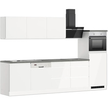 Helle Einbauküche mit Spüle, Geschirrspüler, Kochfeld, Dunstabzugshaube und Backofen