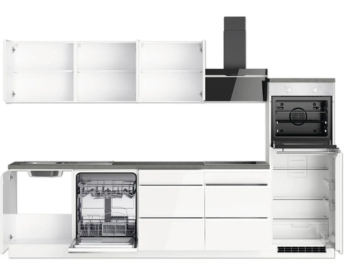 Moderne Küche mit Spülmaschine, Backofen, Dunstabzugshaube, Kühlschrank und Hängeschränken