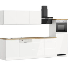 Küchenzeile mit Oberschränken, Dunstabzugshaube, Spülmaschine und Backofen