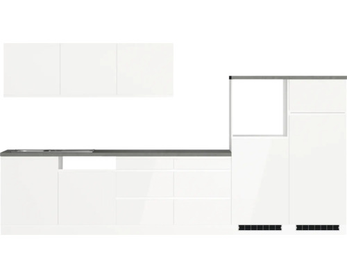 Küchenblock Held Möbel Kiel 360 cm weiß hochglanz/weiß Moderne Küche mit weißen Schränken und grauer Arbeitsplatte