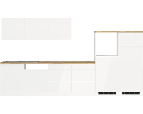 Küchenblock Held Möbel Kiel 360 cm weiß hochglanz/weiß Moderne weiße Küchenzeile mit hölzerner Arbeitsplatte und Hängeschränken