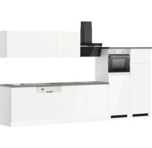 Moderne Küche mit weißen Schränken, Dunstabzugshaube und Einbaugeräten