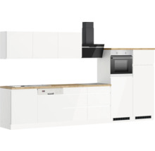 Küchenzeile mit Spülmaschine, Kochfeld, Backofen und Dunstabzugshaube