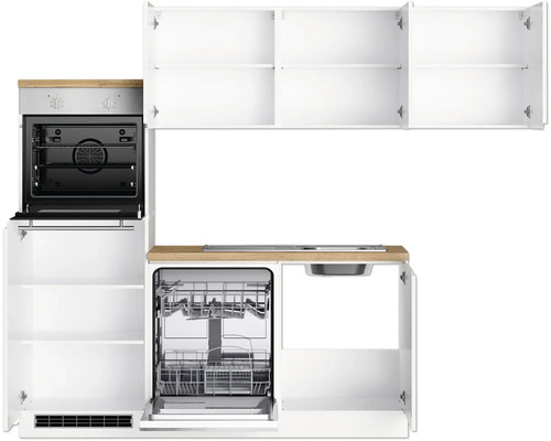 Küchenzeile mit Spüle, Geschirrspüler, Backofen und Schränken