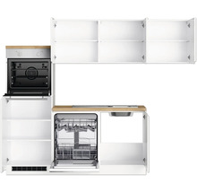 Küchenzeile mit Spüle, Geschirrspüler, Backofen und offenen Schränken