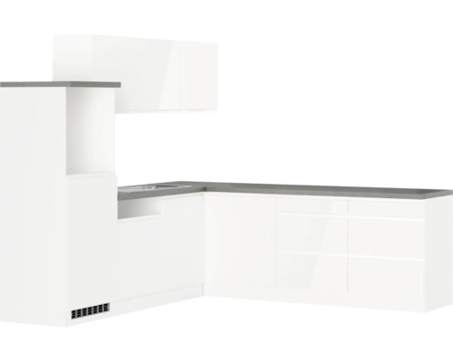 Winkelküche Held Möbel Kiel 300 cm weiß hochglanz/weiß Küchenzeile mit Spüle, Dunstabzugshaube und Schränken