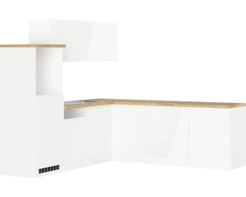 Winkelküche Held Möbel Kiel 300 cm weiß hochglanz/weiß Küchenzeile mit Spüle, Schränken und Dunstabzugshaube