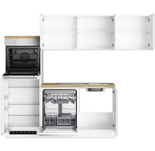 Küchenzeile mit Backofen, Kühlschrank, Geschirrspüler, Spüle und Hängeschränken