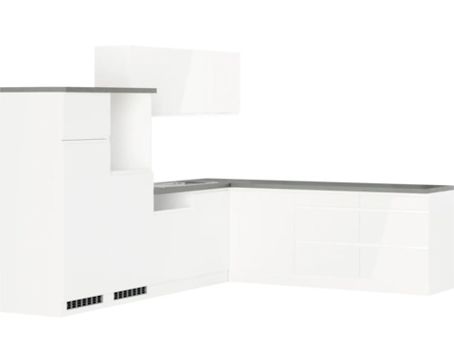 Winkelküche Held Möbel Kiel 360 cm weiß hochglanz/weiß Helle Küchenzeile mit Spüle und Dunstabzugshaube