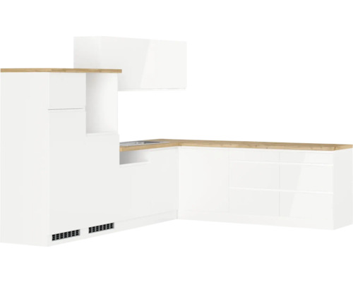 Winkelküche Held Möbel Kiel 360 cm weiß hochglanz/weiß Moderne weiße Küche mit hölzerner Arbeitsplatte