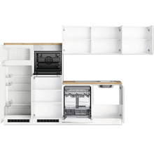 Küchenzeile mit Kühlschrank, Backofen, Geschirrspüler, Spüle und Schränken