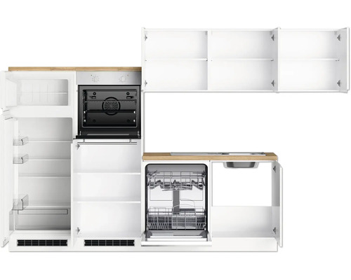 Küchenzeile mit Kühlschrank, Backofen, Geschirrspüler, Spüle und Schränken