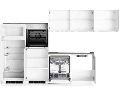 Kompakte Küchenzeile mit Kühlschrank, Backofen, Geschirrspüler und Spüle