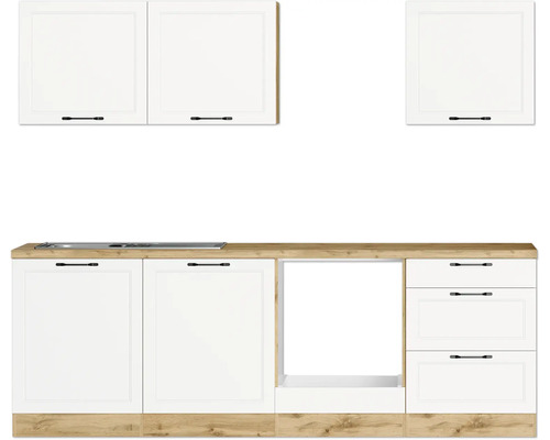 Küchenblock Held Möbel Lübeck 240 cm weiß matt/wotan eiche Küchenzeile mit Hängeschränken und Unterschränken