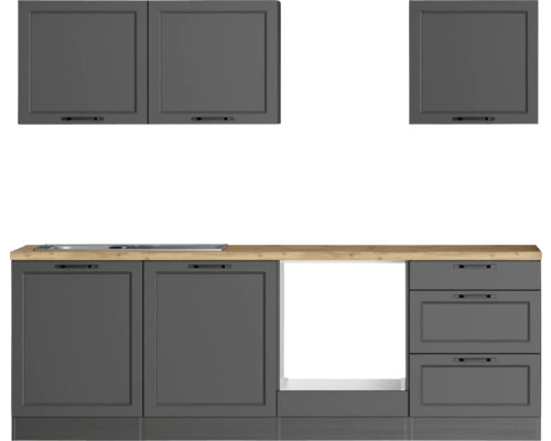 Küchenblock Held Möbel Lübeck 240 cm grau matt/graphit Küchenzeile mit Hängeschränken und Unterschränken